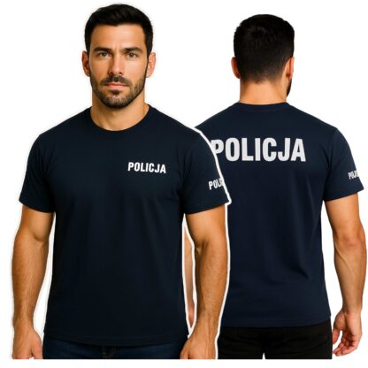 Koszulka T Shirt Policja 100% Bawełna Granatowa Odblaskowa - obrazek 2